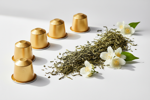 金色胶囊图 旁边摆着茉莉花茶叶