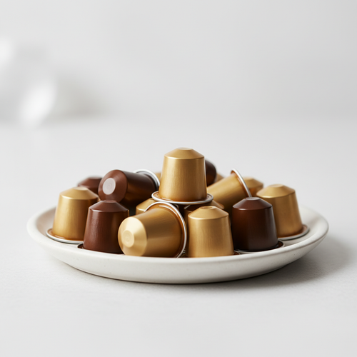 Gold coffee capsules on white matte ceramic plate